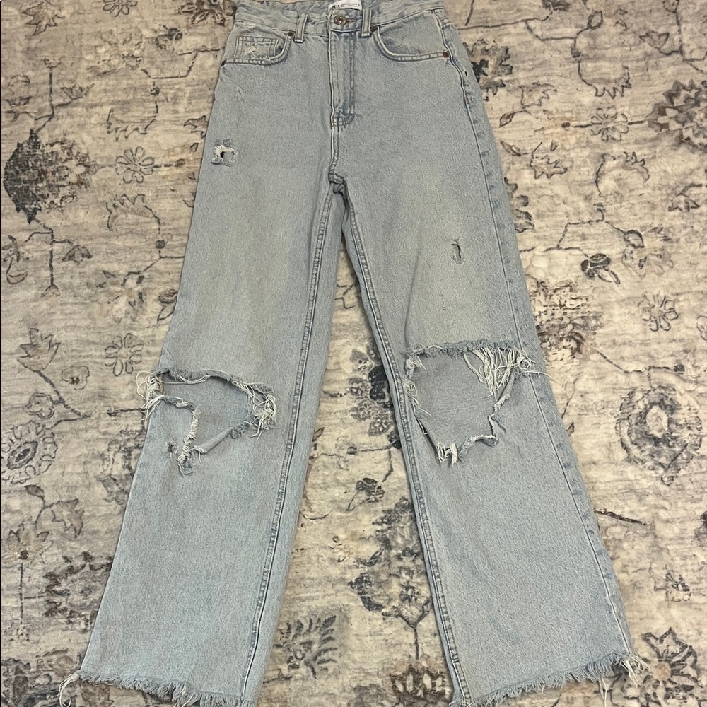 Zara Light Blue Distressed Wide Leg Jeans